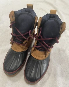 Land’s End Navy Rubber Brown Leather Duck Rain Winter Ankle Boots Women Size 7 - Picture 1 of 10
