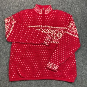 Vintage Lands End Sweater Boys XL Red Nordic Snowflake Quarter Zip Cotton - Picture 1 of 15