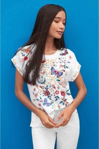 Johnny Was Mariposa Cotton Tee White Butterfly Floral Embroidered Shirt Top NEW - Picture 1 of 6