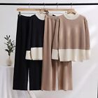 2pcs Womens Mixed Colors Round Neck Long Sleeves Knitted Sweater Wide Legs Pants
