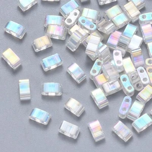 100 x 2 Hole Half Tila Glass Beads - Clear AB Colour Coated - Size 5x2mm. - Picture 1 of 3