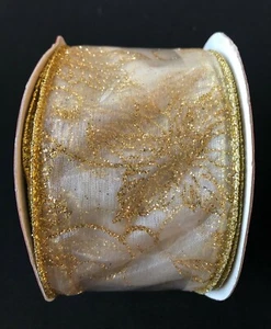 Sheer Gold Glitter Poinsettia Wired Edge Ribbon 2.5" Mega Roll 30 Feet (10 Yds) - Picture 1 of 5