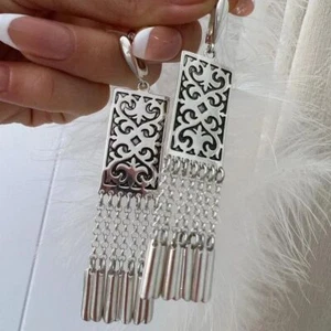 Silver Long Fringed Earrings Women's Earrings - Picture 1 of 7