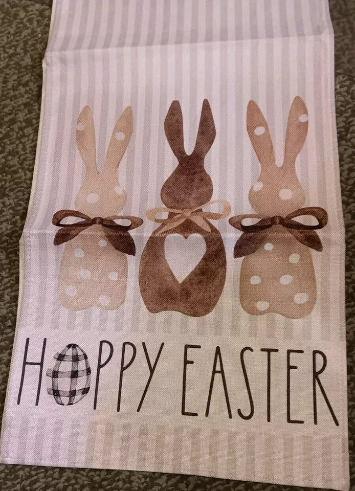 "Hoppy Easter" Burlap Table Runner Bunny Rabbit  Spring  13x72, NEW - Image 1 of 2