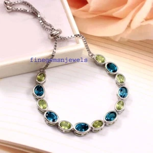Natural Peridot & London Blue topaz Stones with 925 Sterling Silver Bracelet #34 - Picture 1 of 6