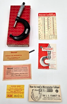Starrett 436RL  1 - 2” Micrometer  Complete W Box, Papers, Etc  Early 1960's USA - Image 1 of 4