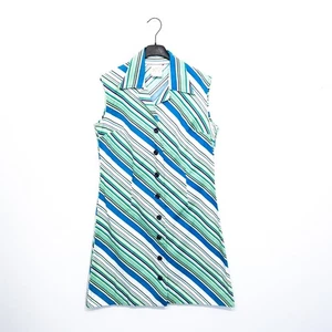 St Michael Vintage 70s Blue Turquoise Striped Cotton Shirt Dress - Size 14 S - Picture 1 of 12