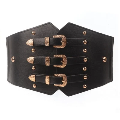 Damen Super Breiter Kunstleder Gürtel Elastisch Stretch Korsett Punk Nieten Bund - Bild 1 von 4