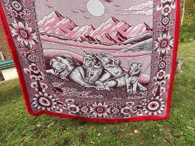 Vintage La Paz Large Blanket Throw Lioness Lion With 3 Cubs Red Bedspread Mexico - Image 1 of 4