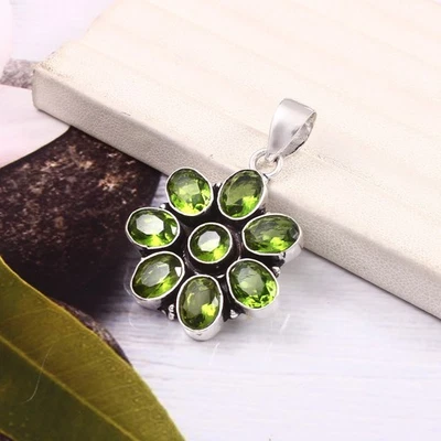 925纯银绿色橄榄石宝石珠宝手工吊坠 — 第 1/3 张图片