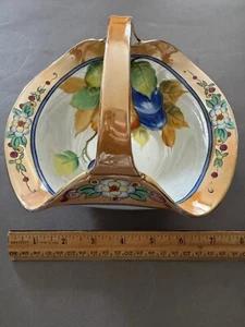 HAND PAINTED FLOWER BLOSSOM & FRUIT PEACH ORANGE LUSTERWARE HANDLED BASKET JAPAN - Picture 1 of 7