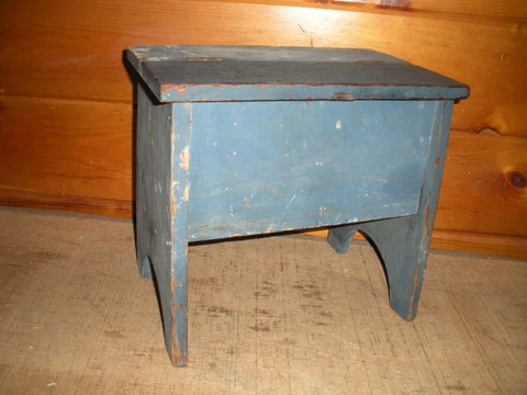 Vintage Handmade Shoeshine Box / Stool with Contents/ Old Blue Paint / Primitive Cover