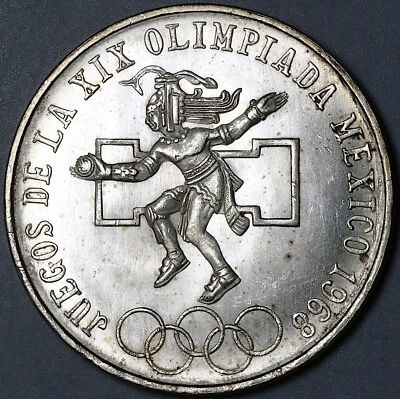 1968 Mexico 25 Pesos Aztec Warrior BU Silver Olympic Games Coin (23112301R) - Image 1 of 2