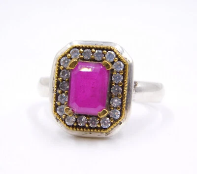 4.50 Gm Lab-Created Ruby Gemstone 925 Sterling Silver Two Tone Ring 7" US M-2823 - Image 1 of 4