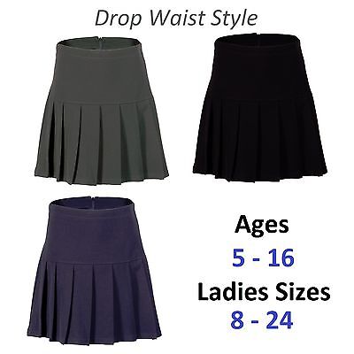 Girls Womens Pleated School Skirt Drop Waist Grey Black Navy Ages 5-16 Size 6-24 • 9.72€