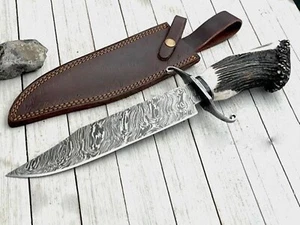 Premium Hand Forged Damascus Steel Rat-Tail Hunting Bowie Knife Stag Antler - Picture 1 of 3