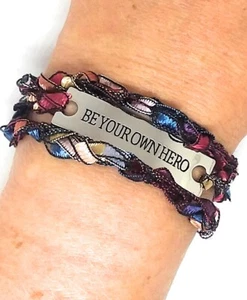 Inspirational Word Connector Crocheted Wrap Bracelet "BE YOUR OWN HERO" - Picture 1 of 21