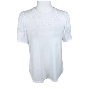 Anne Klein Shirt Women Small White Short Sleeve Floral Embroidered Collar Casual - Picture 1 of 12