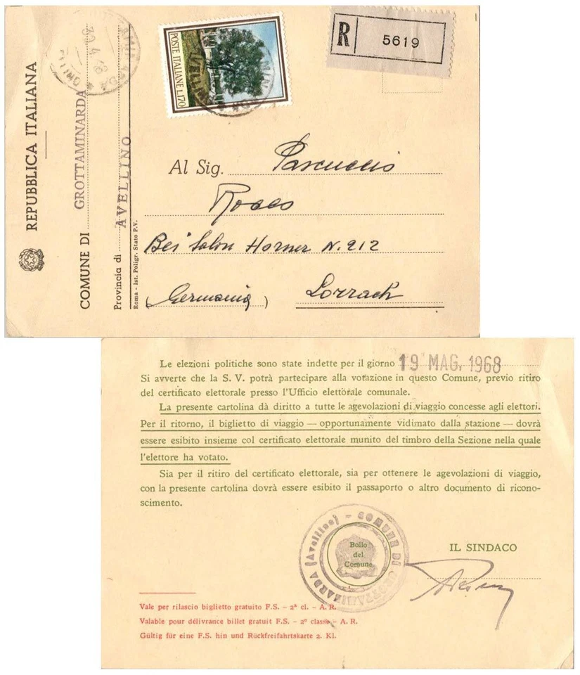 Italia 170L Olivo 1968 Grottaminarda, Avellino Postal Registrada en Lorra Foto 1 de 1