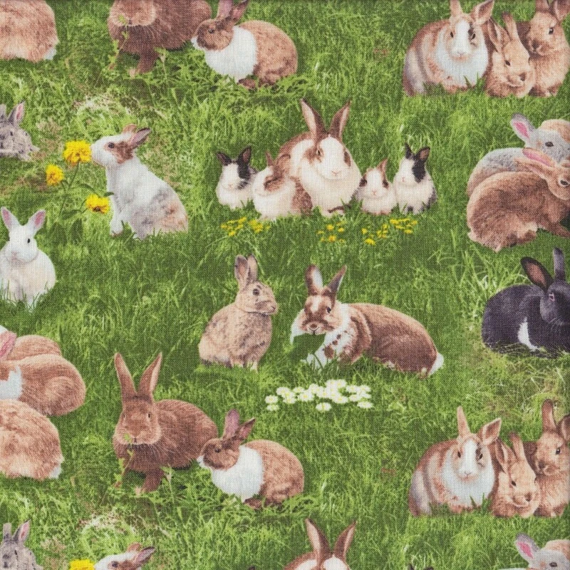 NEW Rabbits on Grass Flowers Countryside Quilting Fabric 1/2 Metre - image 1 of 1