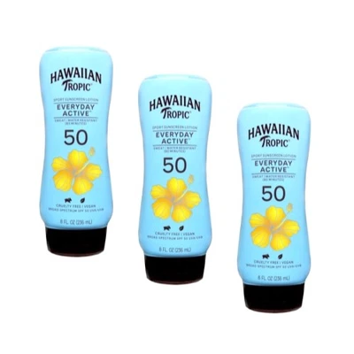 Loción deportiva Hawaiian Tropic Everyday Active Island - SPF50, 8 fl oz - Paquete de 3 Foto 1 de 4