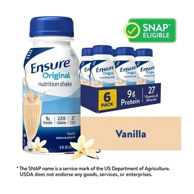 Ensure Original Nutrition Shake,9 克蛋白质,香草,8 液量盎司 - 6 包 — 第 1/4 张图片
