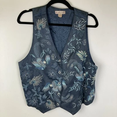 Vintage Karavan Embroidered Blue Bird Peacock Floral Vest Size Medium CottonShou - Image 1 of 4