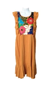 Oaxaca Mexico Floral & Bird Embroidery Hand Stitch Mustard Women Dress S-M - Picture 1 of 7