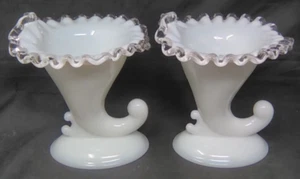 Early Fenton Silver Crest Cornucopia Milk Glass Candle Holders Glow UV 365 - Picture 1 of 3