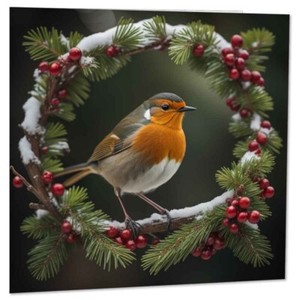 Robin Wreath Xmas Christmas Card - Festive Xmas Cards 145 x 145mm