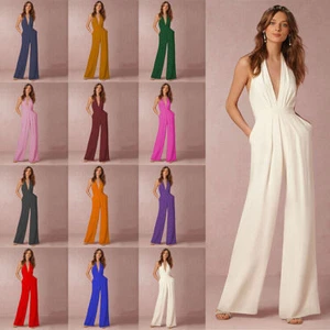 New Women'S Hang Neck Backless Jumpsuits Sleeveless Loose Pants Rompers Party - Picture 1 of 25
