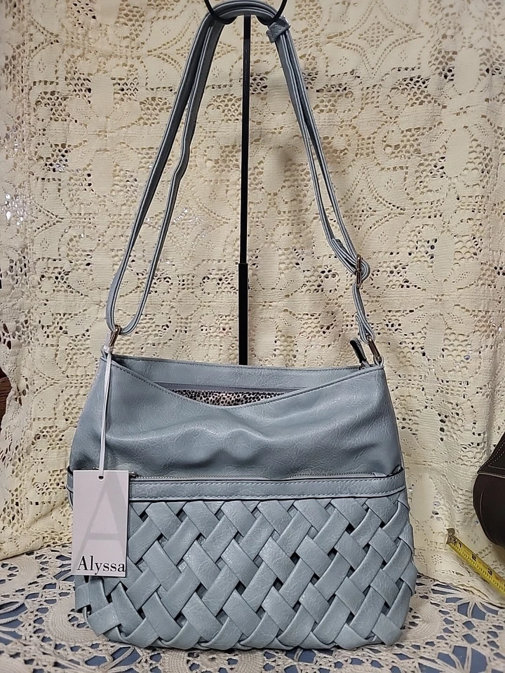 Cartera Bandolera Grande Azul Gris Enrejado Cuero Vegano Por Alyssa Nueva con Etiquetas Foto 1 de 4