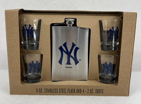New York Yankees Stainless Steel 8oz Flask and Shot Glasses Set - MLB Licensed Cover
