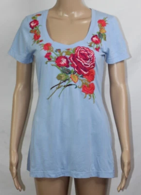 JWLA Johnny Was Top Azul Rojo Bordado Flores Mangas Cortas S Foto 1 de 4
