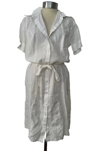 Charles Tyrwhitt White 100% Linen Shirt Dress Belted Short Sleeves Midi UK 14 - Picture 1 of 22