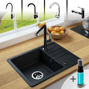 Rein Schwarz LINDBERGH® Granit Spüle "SEZ44" Einbauspüle Küchenspüle Spülbecken - Picture 1 of 43