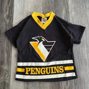 Vintage 90s Black NHL Penguins V-Neck Hockey T-Shirt Boys S 4-5 Pittsburgh - Picture 1 of 10