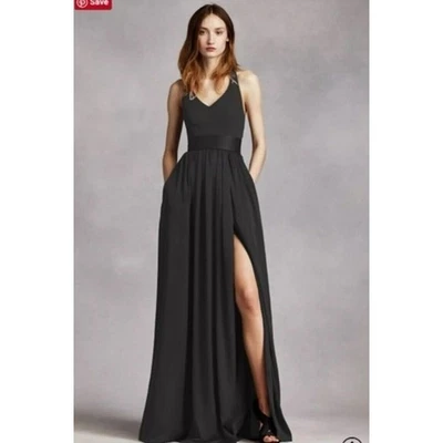 NWT White VERA WANG Size 10 A Line Halter Gown Black Slit - Image 1 of 4