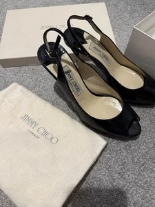 Jimmy Choo Black Patent Leather Size 39 (6) Sling Back Peep Toe - Picture 1 of 6