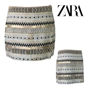 ZARA TRAFALUC Womens S Sequined Beaded Mini Skirt Aztec Cotton Canvas BEIGE - Picture 1 of 19