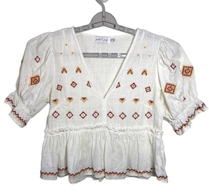 Blusa Top con Volantes Recortados de Pétalos y Cachorros Talla 6 Cuello en V Bordado Algodón Blanco - Imagen 1 de 10