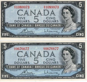 Bank of Canada 1954 $5 Five Dollars Bouey-Rasminsky U/X S/X Prefix EF 2 Notes - Picture 1 of 2