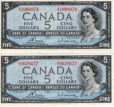 Bank of Canada 1954 $5 Five Dollars Bouey-Rasminsky U/X S/X Prefix EF 2 Notes - Image 1 of 2