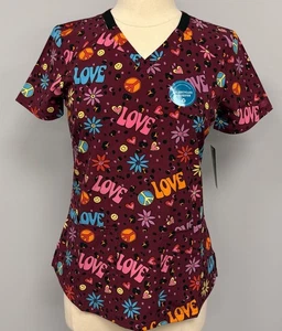 NWT Dickies Scrub Top S Happy Hippie Purple Scrubs Love & Peace Nurse Medical - Picture 1 of 7