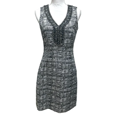 LAUNDRY by Shelli Segal Silvery Black Metallic Dress Sz 6 Crystal Trim V Neck  - Image 1 of 4