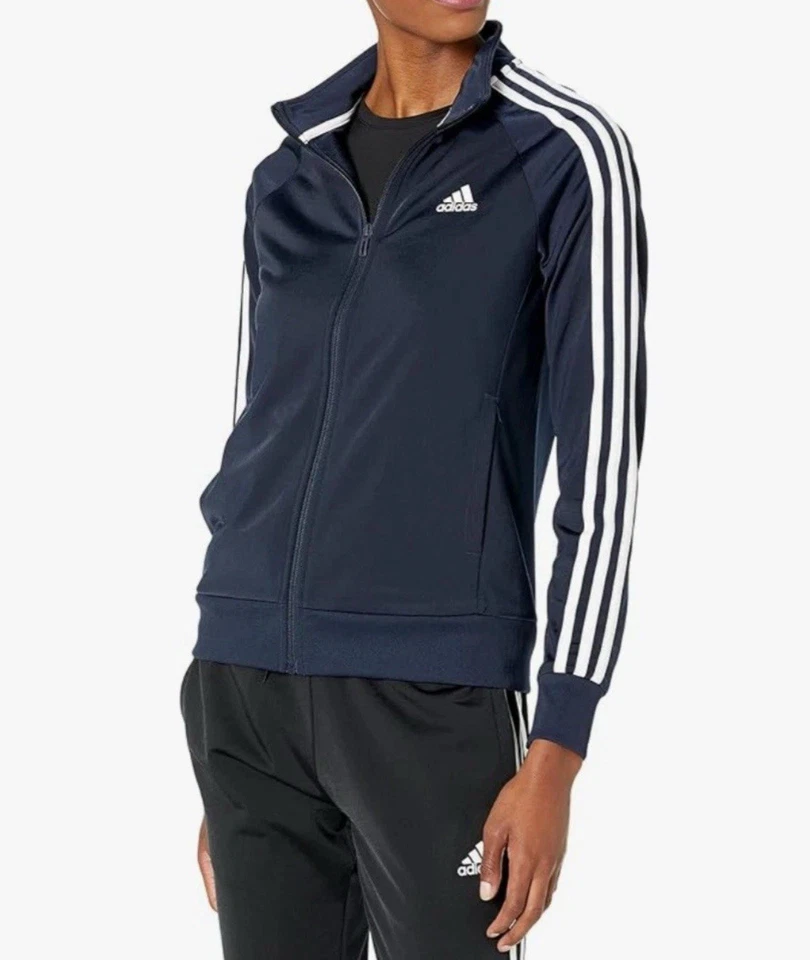 black Adidas Womens Large W 3S TT TRIC Track Jacket Stripes Legend Ink Zip Up