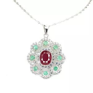 Sommer 925 Silber Halskette Oval Rubin 10x8mm Smaragd Edelstein Schmuck 18in - Bild 1 von 10