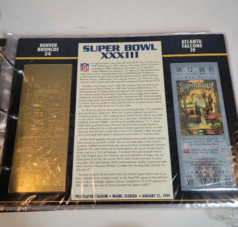 Super Bowl XXXIII 22kt Gold Ticket Stub NFL Atlanta Falcons Vs Denver Broncos Cover