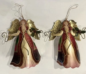 Tin Metal ANGEL Ornaments Set of 2 Painted Holly Philippines Vintage - Picture 1 of 11
