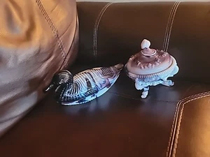 Lot rare Vintage shell Slagle Dish Purple Slag Glass Duck on Nest Covered Dish - Picture 1 of 13